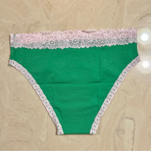 🍀VS PINK Cotton Lace Trim Scoop Bralette & Cheeky Panty Wild Green GOOD LUCK M/L - Picture 10 of 16